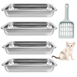 Kitten Litter Box with 1 Scoop,Stainless Steel Small Litter Box, 10.6"×7.8"×1.37" Metal Litter Pan, Small Litter Pan for Little Cats Kittens, Easy Cleaning (4)