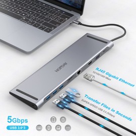 HOPDAY USB C Adapter - 10 Ports Multiport Hub for MacBook Pro/Air - USB C Docking Station with Dual Display, USB A 3.0, HDMI, VGA, PD 100W, Ethernet, SD/TF Card Reader, 3.5mm Audio, Dongle for Laptop