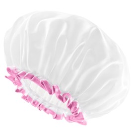 mikimini White Shower Cap 2 Pack Waterproof Reusable Double Layer Bath Hair Caps with Soft Comfortable PEVA Lining Cute Non-fading and Stretchy Medium White