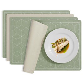 MOSAYT Vinyl Placemats Set of 6-12 X 17 Inch - Faux Leather 100% Waterproof Oil-Proof Wipe Clean PU Reversible Dining Table Place Mats, Suitable for Indoor & Outdoor Use, Sage - Beige