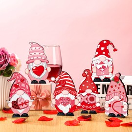 6 Pcs Valentine's Day Wooden Gnome Table Decor Pink Red Valentines Day Gnome Sign Wood Heart Decorations Craft Chunky Gnome Tabletop Centerpiece for Wedding Home Tiered Tray Decoration