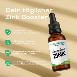 Vegan Drops - Zinc Drops - Premium: Zinc Sulphate - 15mg per Daily Dose - 2100 Drops, 410 Day Range - Vegan, Alcohol Free & Produced in Germany