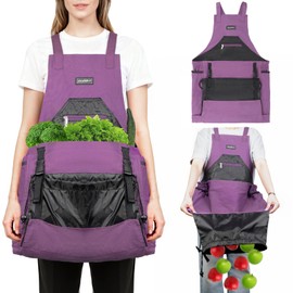 ZIOZERTT Garden Apron,Harvest Apron with Drawstring Bag and Pockets for Women and Men,Canvas Gardening Tool Belt, Gardening Gifts for Mom,Dad,Purple