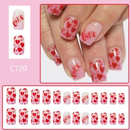 Vopintpy Red Love Heart Press on Nails Romantic Valentine's Day Fake Nails Glossy Medium Square Glue on Nails with Stick on Nails for Women DIY Valentines Manicure
