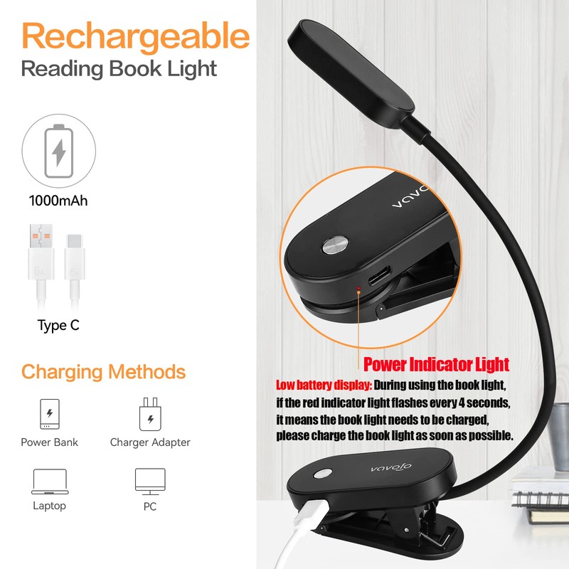 VAVOFO Rechargeable Book Light, 14 LEDs Eye Care Clip On