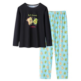 CYCHELRY Cute Black Avocado Toast Pajamas for Big Girls Soft Long Sleeve Winter Nighty PJS 2PCS Sleepwear Set Size 14