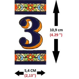 House numbers 4 inch. Handpainted house number tiles for signs, addresses and names. Address numbers for houses. House address numbers and letters. Design FLORES MEDIANO 4,29" x 2,13" (NUMBER 3)