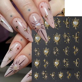 4 Sheets Gold Heart Star Nail Art Stickers 5D Relief Self -Adhesive Golden Stars with Love Heart Rhinestones Nail Decals Holographic Gold Nail Stickers Decoration for Women DIY Manicure Supplies