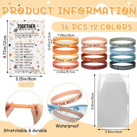 HyDren 36 Sets Motivational Silicon Bracelets with Card Bag Inspirational Rubber Wristbands for Student stocking stuffers for class(Dark Color)