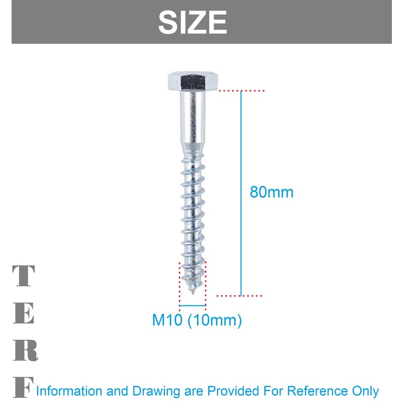 TERF® M10 X 80mm Coach Screws Hex Head Stainless Steel