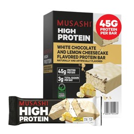 MUSASHI High Protein Bar, 44g Protein, 3.7g Total Sugars, Lemon Cheesecake, Post Workout and Protein Snack On The Go, 12 Pack of 3.2oz (90g) Bars