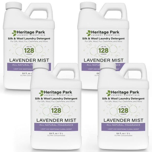 Heritage Park Silk & Wool All-Natural Lavender Mist Scent, pH-Neutral Laundry Detergent - Enzyme-Free, Concentrated Up to 128 loads per bottle (64 fl oz 4-pack)
