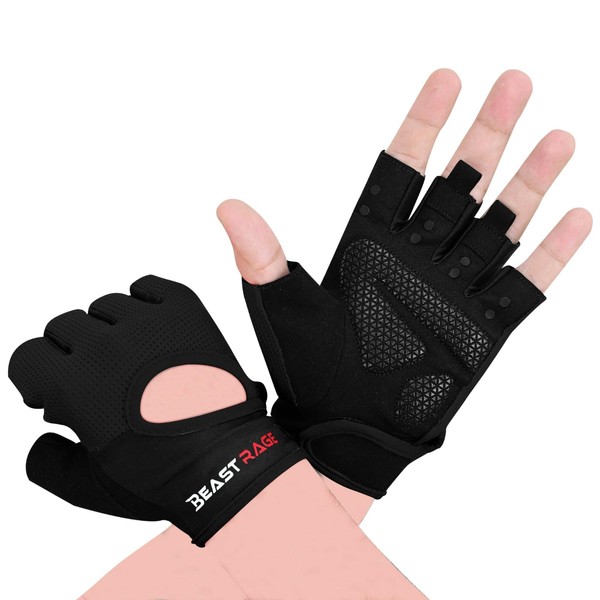 BEAST RAGE Fitness Gloves, Breathable Gloves for Men and Women, Weightlifting, Bodybuilding, Gym, Training, Non-Slip, Crossfit, Strength Training, Cycling (Black, L)
