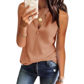 Womens Tank Tops V Neck Waffle Knit Summer Casual Sleeveless Loose Tee Shirts (X-Small, Coral Orange)