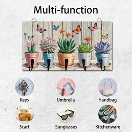 DELORIGIN Succulent Plants Key Holder Key Hooks Wall Mounted Wooden Key Racks with 5 Hooks Key Storage Organizer House Key Hanger for Wall Decor Door Entryway Hallway Kitchen New Home Gift