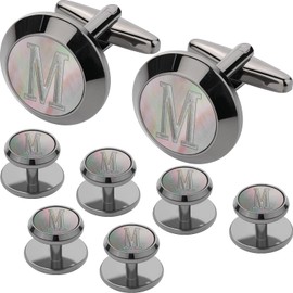 Cuff Links Mens and Tuxedo Studs Set, TAIGRAMA Gun Black Cufflinks for Men and Tuxedo Buttons Initial Tux Shirt Studs Personality Black Mother of Pearl for Formal Shirt Kit Business or Wedding