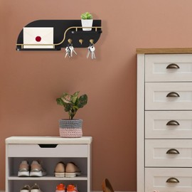 Karisky Key Holder for Wall, Decorative Key and Mail Organizer with 3 Metal Hooks and 2 Shelves, Wood Wall Mounted Key Rack for Entryway, Black