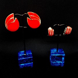 Lot Of 2 Vintage Red Enamel Gold Tone Clip On Earrings Retro