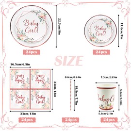 Baby Shower Decoration Girls Party Tableware Set for 24 Guests, 120 Pieces Rose Gold Tableware, Removable Dinner Plate, Paper Cups, Paper Towels, Straws, Baby Shower, Gender Reveal (120 Pieces for 24