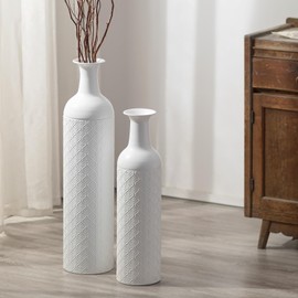 Sziqiqi White Tall Floor Vases: 27.6/21.7in Extra Large Metal Decorative Floor Vase - Set of 2 Big Boho Floor Vases for Pampas Grass Twigs - Oversized Floor Vase for Living Room Bedroom Home Corner
