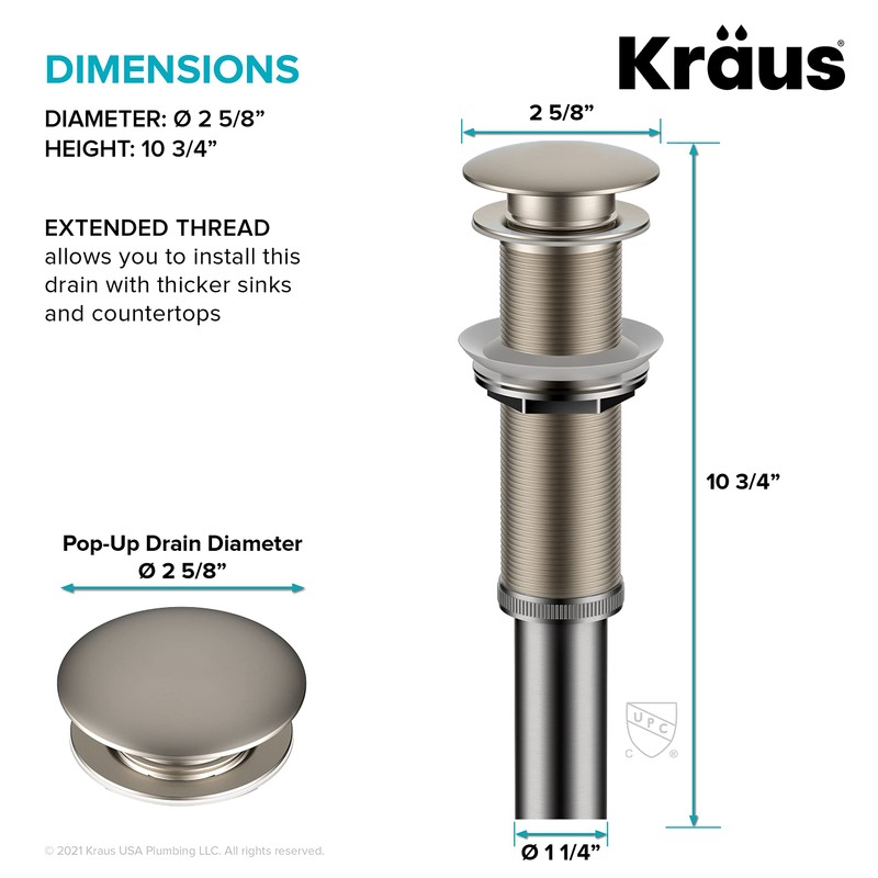 KRAUS Bathroom Sink Pop-Up Drain Assembly in Satin Nickel for