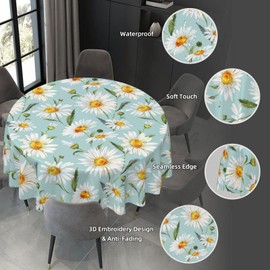 Gianlaima Spring Summer Blue Daisy Floral Round Tablecloth Waterproof Wipeable Tablecloth Cover Home Restaurant Kitchen Picnic Party Decoration 60 Inch Circular Tablecloth for 20-47 Inch