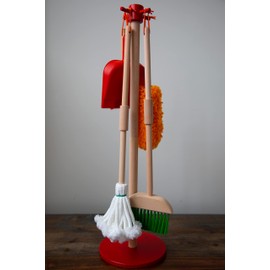 JustForKids Wooden Detachable Kids Cleaning Set - Duster, Brush, Mop, Broom and Hanging Stand Play - Housekeeping Kit - STEM Toys for Toddlers Girls & Boys, Total 6 Pieces,Multi Color,10071