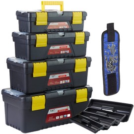 4-Piece Multifunctional Portable Storage Toolbox With Built-In Security Latch,Tray And Magnetic Wristband,Suitable For Home And Professional Repairers. (Size: 11"&12"&13"&14")