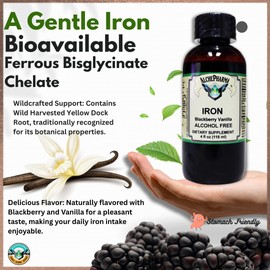 Iron Liquid (Gentle High Absorption Ferrous Bisglycinate Chelate) BlackBerry Vanilla 4 fl oz 24 Servings