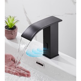 Automatic Touchless Bathroom Sink Faucet Black Drain Stopper with Overflow Waterfall AC/DC Motion Sensor Electronic Lavatory Vanity Sink Faucet Hands Free Tap with Control Box Temperature Mixer Valve