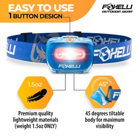 Foxelli LED Headlamp Flashlight for Adults & Kids, Running, Camping, Hiking Head Lamp with White & Red Light, Comfortable Headband, Lightweight & Waterproof, 3 AAA Batteries