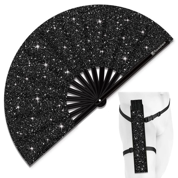 Raveahem Glitter Large Rave Folding Clack Hand Fan with Holster