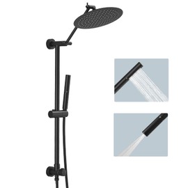 BESy Shower Arm Brass, 10 Inch Round Rainfall Shower Head with Handheld Spray Combo, Dual Showerhead Rain Set 2 Setting Hand Held Sprayer with Adjustable Slide Bar, 60 In Shower Hose, Matte Black