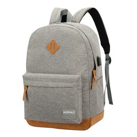 KOPHLY Travel Laptop Backpack with Leather Decoration, USB Charging Port, Classic Backpack for College, Work Bag, Travel Backpacks(18 Inches/Light Grey)