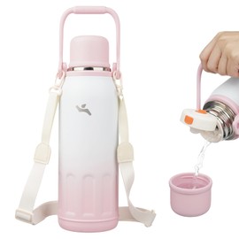 Insulated Water Bottle with Handle and Strap,Vacuum Travel Tumbler with Cup Lid,Thermo Coffee Cup for Hot Cold Drinks 50 OZ,Pink Pearl