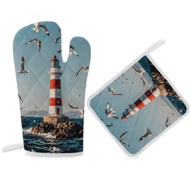 Oven Mitts and Pot Holders Lighthouse Flying Seagulls Kitchen Oven Glove Pot Holders Sets Heat Resistant Oven Gloves and Hot Pads Cute Oven Mitts for Cooking Grilling