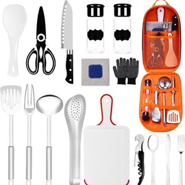 XLRPAT Portable Camping Kitchen Utensil Set, 16-Piece with Carrying Case,Backpack， Includes Knife, Spatula, Spoons, Scissors, Gloves