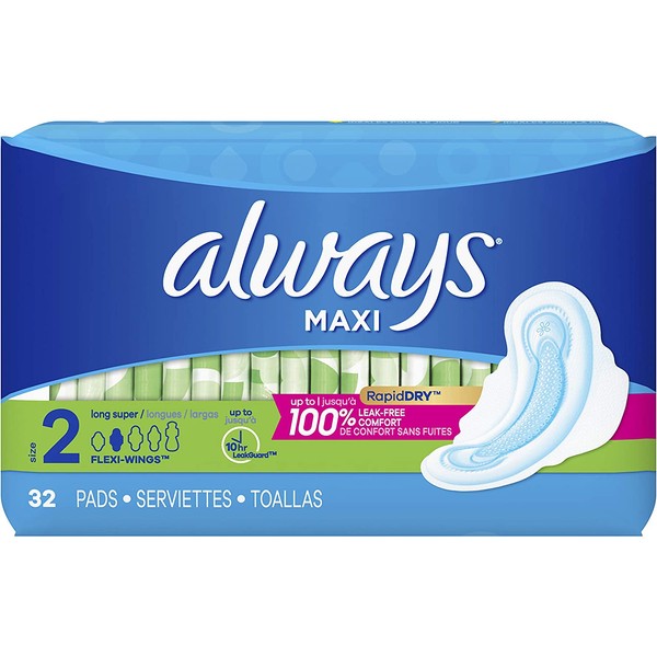 Always Maxi Unscented Pads with Wings, Long/Super 32 Count (Pack of 2)