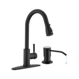 Arofa Kitchen Faucet with Soap Dispenser, Stainless Steel Kitchen Sink Faucet with Pull Down Sprayer 3 Mode Single Handle Gooseneck Pull Out Kitchen Faucet for 2/4 Hole, Matte Black