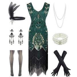 Women 1920S V Neck Sequined Beaded Gatsby Flapper Dress with 20s Accessories Set (XL, Style Flora Gold Green)