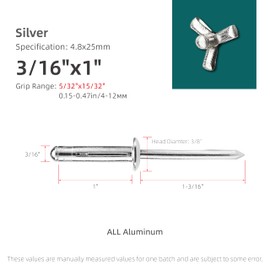 JIANDAXIN 50Pcs Tri-Fold Aluminum Blind Rivets,Tri Grip Exploding Assortment Bulb Style Pop Rivets for Automotive, Soft or Plastic Materials (Silver, 3/16"x1")