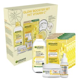 Garnier Vitamin C Pflegeset für das Gesicht, Geschenkset mit Mizellen Reinigungswasser, Tuchmasken, Anti-Dark Spot Serum & Feuchtigkeitspflege, Für einen strahlenden Teint, SkinActive, 4-teilig