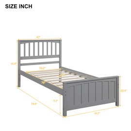 P PURLOVE Twin Size Bed Frame,Solid Wood Platform Bed with Headboard,Single Twin Bed Frame with Slat Support,No Box Spring Needed,Gray