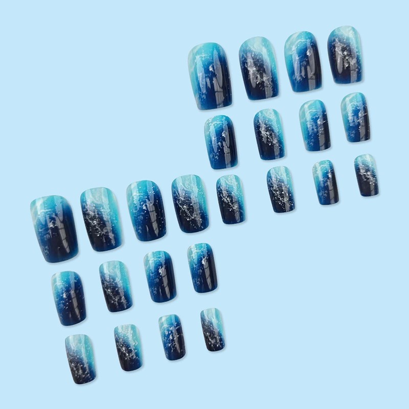 QQPPOLIU Short Press on Nails Square Shape with Sea Wave
