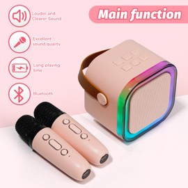 Mini Karaoke Speaker with 2 Wireless Microphones,Voice Effects,Led Lights, Portable Singing Machine for Ages 3,4,5,6,7,8,9,10,11,12+ Years Old Girl Birthday Gift, Kids Karaoke Machine (Pink)