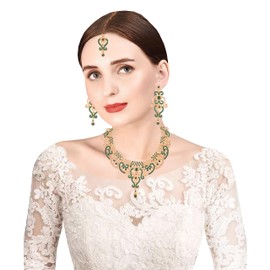 Touchstone Indian Bollywood Princess Diana Studded Diamond Look Faux Emerald Pearls Wedding Grand Designer Jewelry Choker Necklace With Mangtika In Gold Tone For Women.