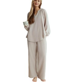 Volcathix Womens Cotton Gauze Pajama Set Long Sleeve, Soft and Breathable Sleepwear with Pockets Beige
