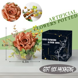 mizii Small Artificial Flowers Potted Plant Fake Flower Realistic Silk Orange Rose and Greenery with Vase for Table Decor Centerpiece Bathroom Office Desk Shelves Room Decorations (R-Orange)