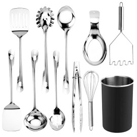 COOK WITH COLOR Kitchen Utensil Set - 10-piece premium Nonstick & Heat Resistant Kitchen Gadgets, Turner, Spaghetti Server, Serving Spoons, Whisk, Tongs, Masher & Utensil Holder, Black