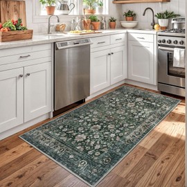 KUTA 3x5 Rugs for Entryway, Vintage Floral Green Area Rug Washable Non-Slip Ultra Thin Soft Printed Distressed Entry Low-Pile Throw Carpet for Bedroom Nursery Living Room